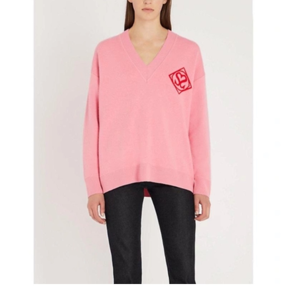 Sandro Logo Patch Pink V- Neck Will Blend Sweater